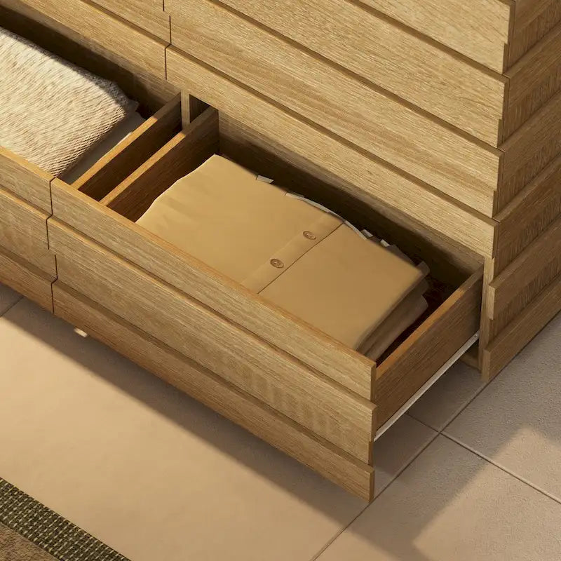 Commode à 9 Tiroirs : Finition Bois Clair et Design Linéaire Moderne pour un Rangement Spacieux