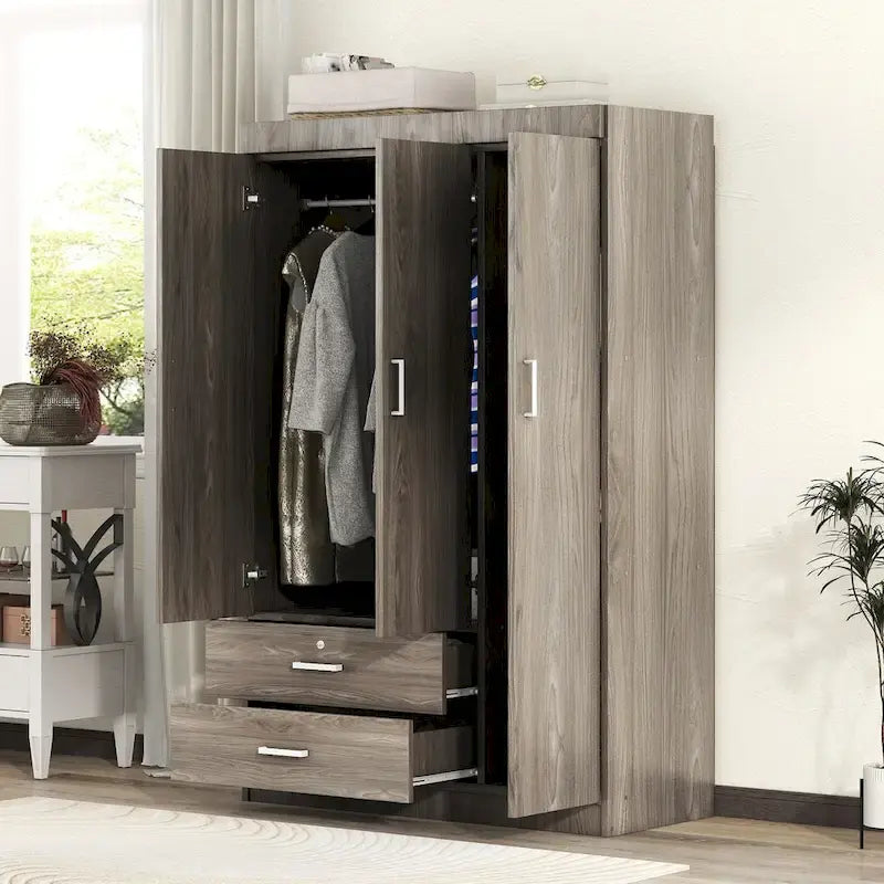 Armoire 3 portes 2 tiroirs, effet grain de bois