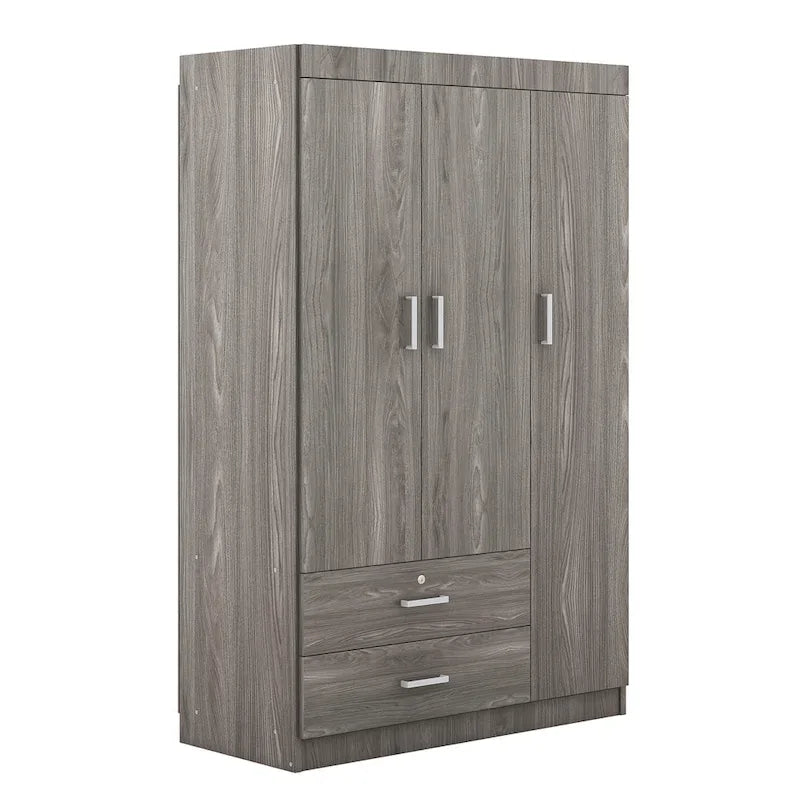 Armoire 3 portes 2 tiroirs, effet grain de bois