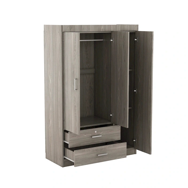Armoire 3 portes 2 tiroirs, effet grain de bois