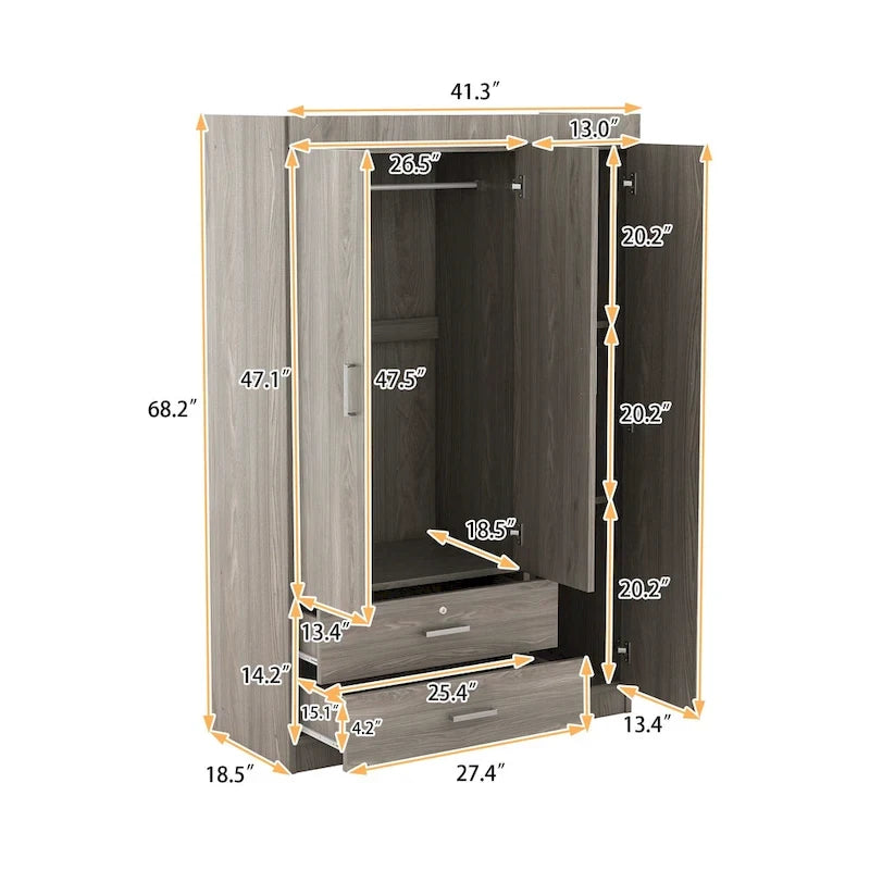 Armoire 3 portes 2 tiroirs, effet grain de bois