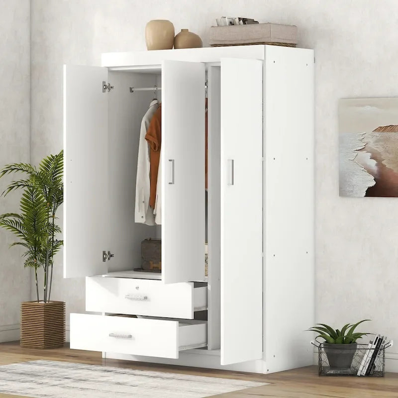 Armoire 3 portes 2 tiroirs, effet grain de bois