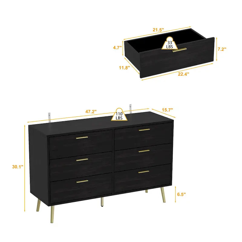 Commode moderne à 6 tiroirs, buffet de rangement double