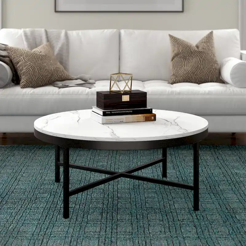 Table basse ronde contemporaine en acier avec plateau en verre