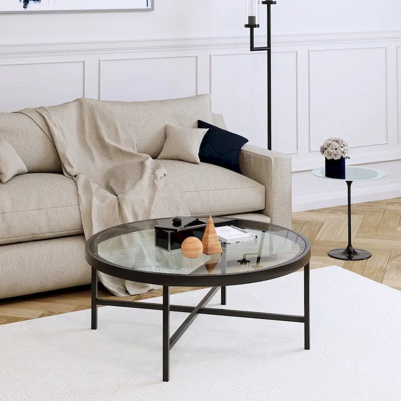 Xivil Contemporary Round Glass Top Steel Coffee Table