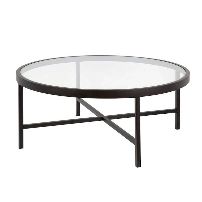 Table basse ronde contemporaine en acier avec plateau en verre