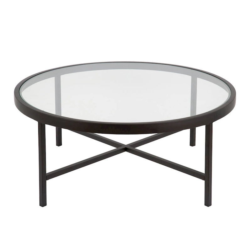 Table basse ronde contemporaine en acier avec plateau en verre