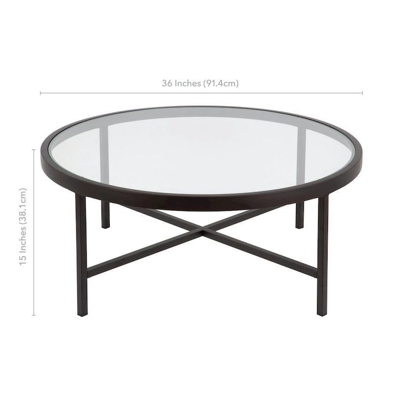 Table basse ronde contemporaine en acier avec plateau en verre