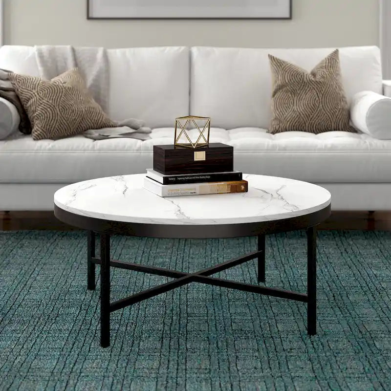 Table basse ronde contemporaine en acier avec plateau en verre