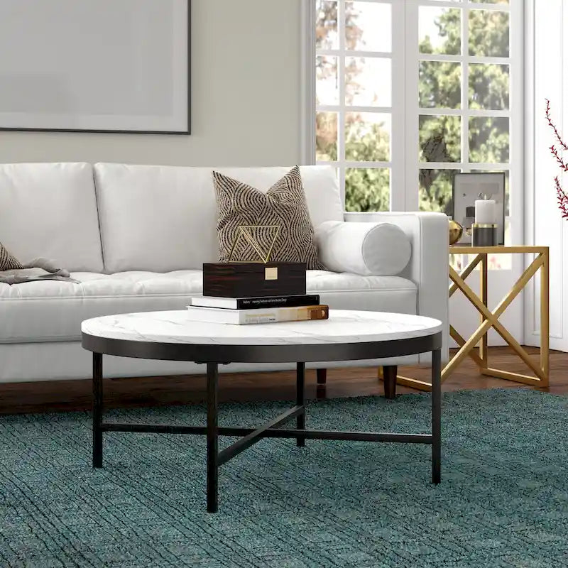 Table basse ronde contemporaine en acier avec plateau en verre