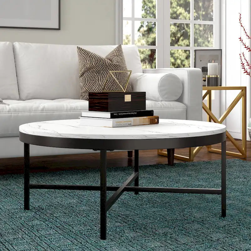 Table basse ronde contemporaine en acier avec plateau en verre