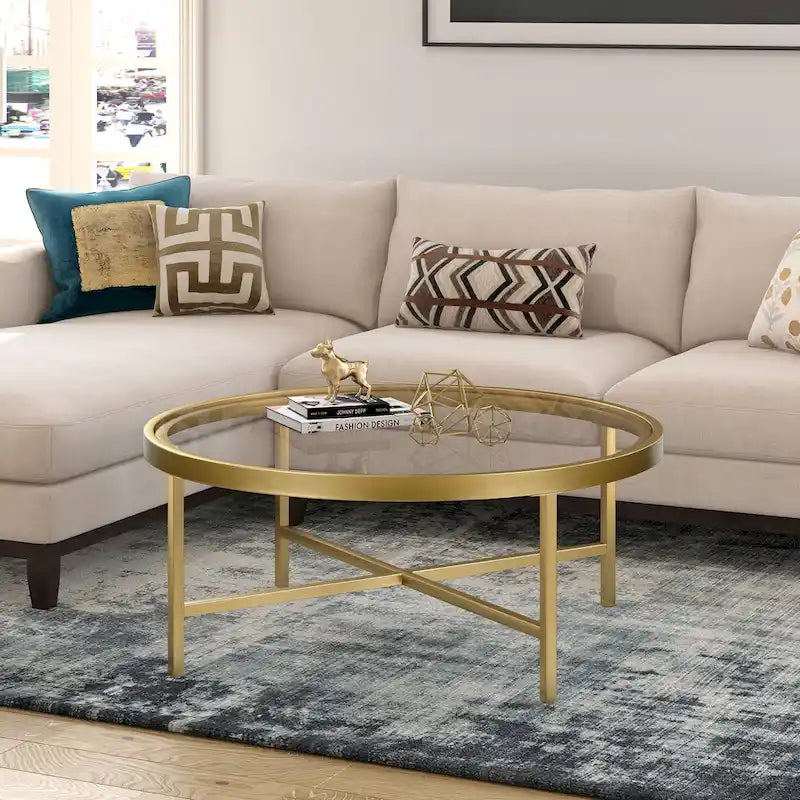 Table basse ronde contemporaine en acier avec plateau en verre