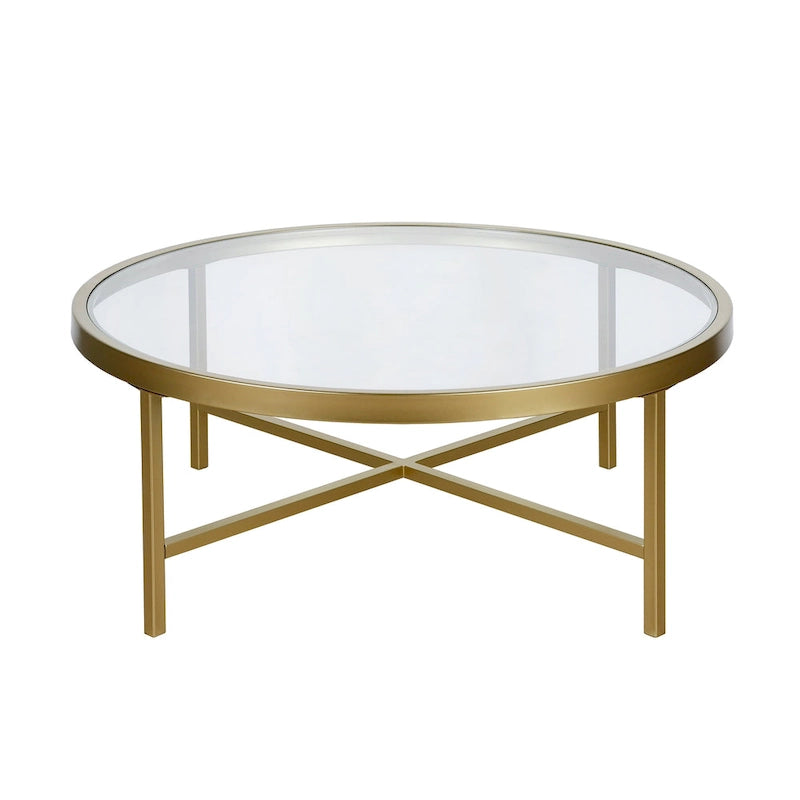 Table basse ronde contemporaine en acier avec plateau en verre