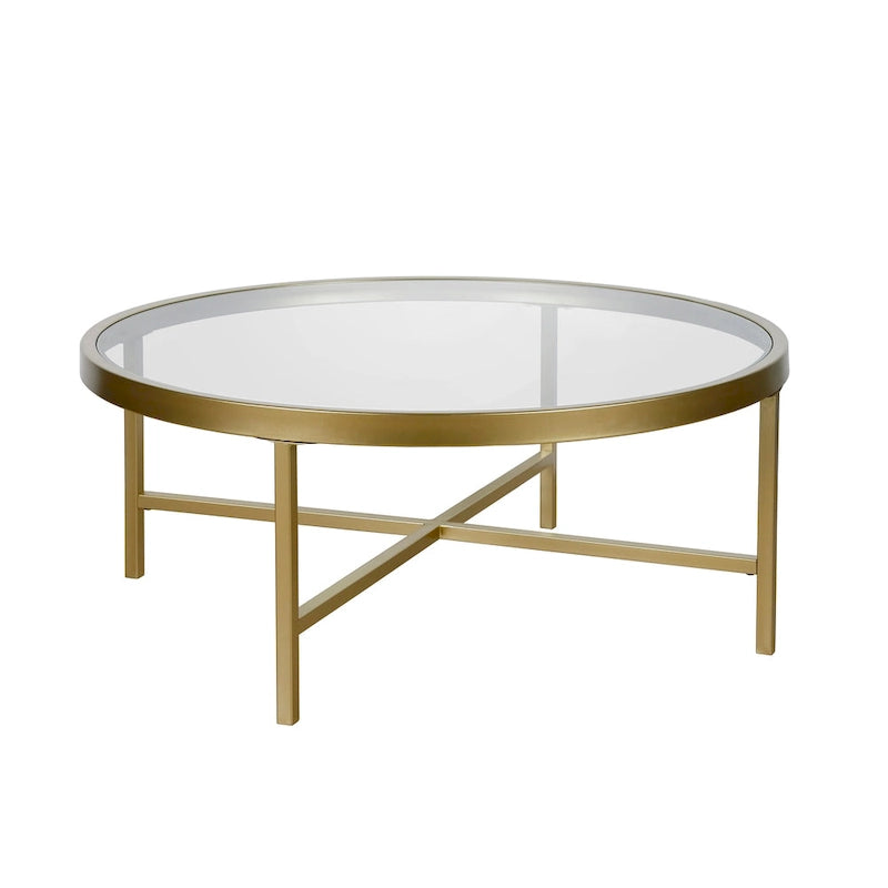 Table basse ronde contemporaine en acier avec plateau en verre