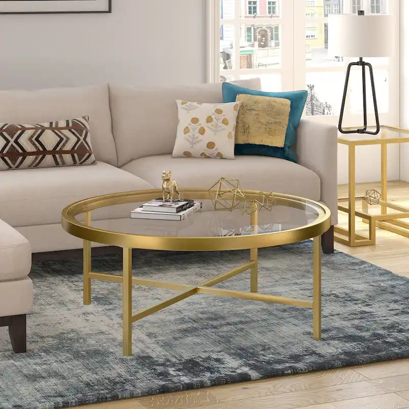 Table basse ronde contemporaine en acier avec plateau en verre