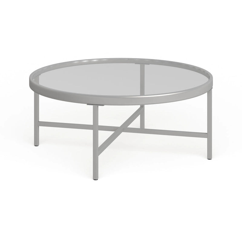 Table basse ronde contemporaine en acier avec plateau en verre