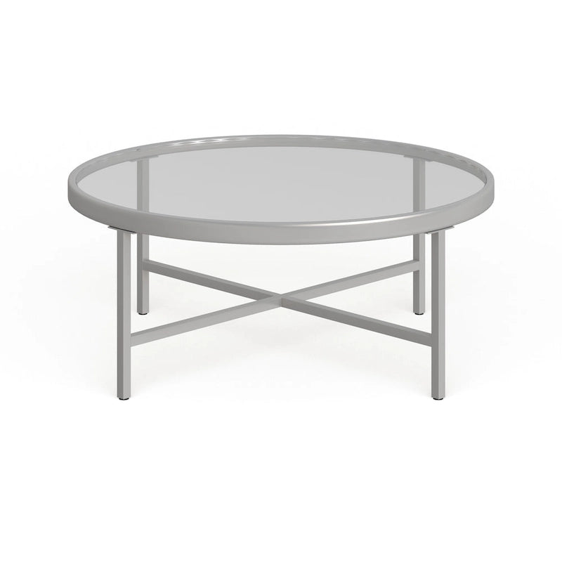 Table basse ronde contemporaine en acier avec plateau en verre