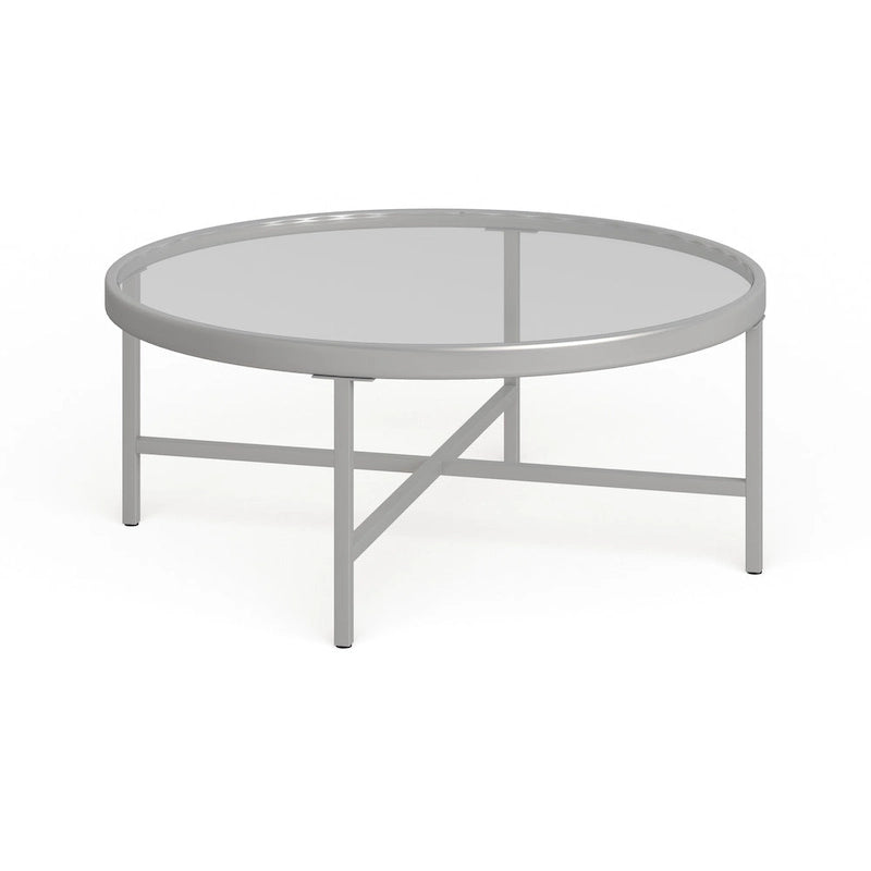 Table basse ronde contemporaine en acier avec plateau en verre