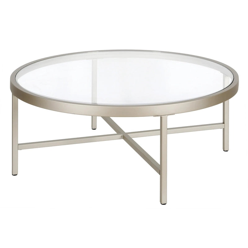 Table basse ronde contemporaine en acier avec plateau en verre