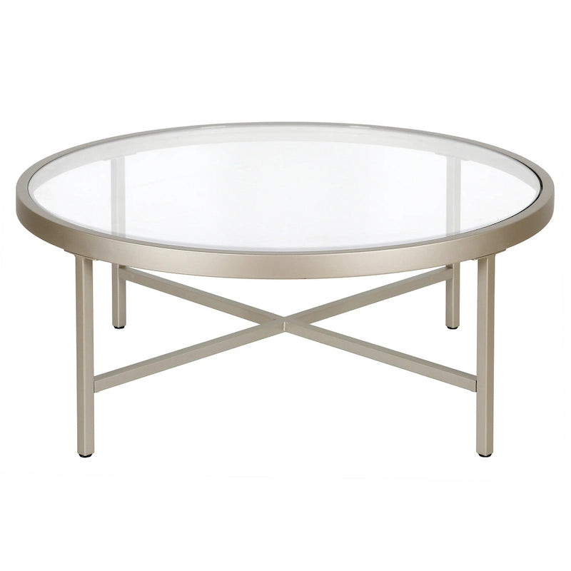 Table basse ronde contemporaine en acier avec plateau en verre