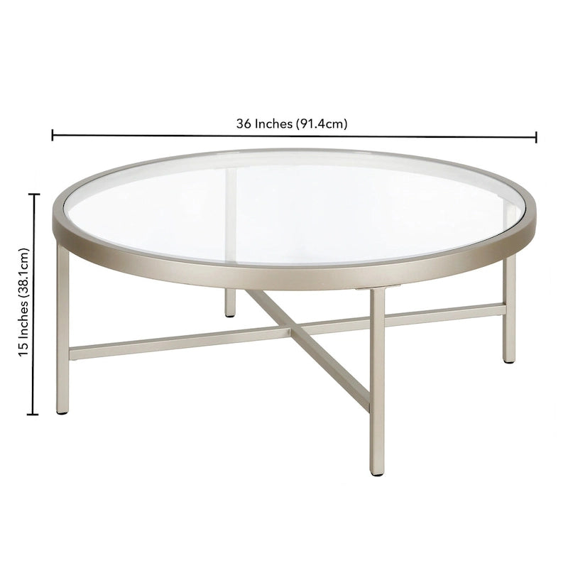Table basse ronde contemporaine en acier avec plateau en verre