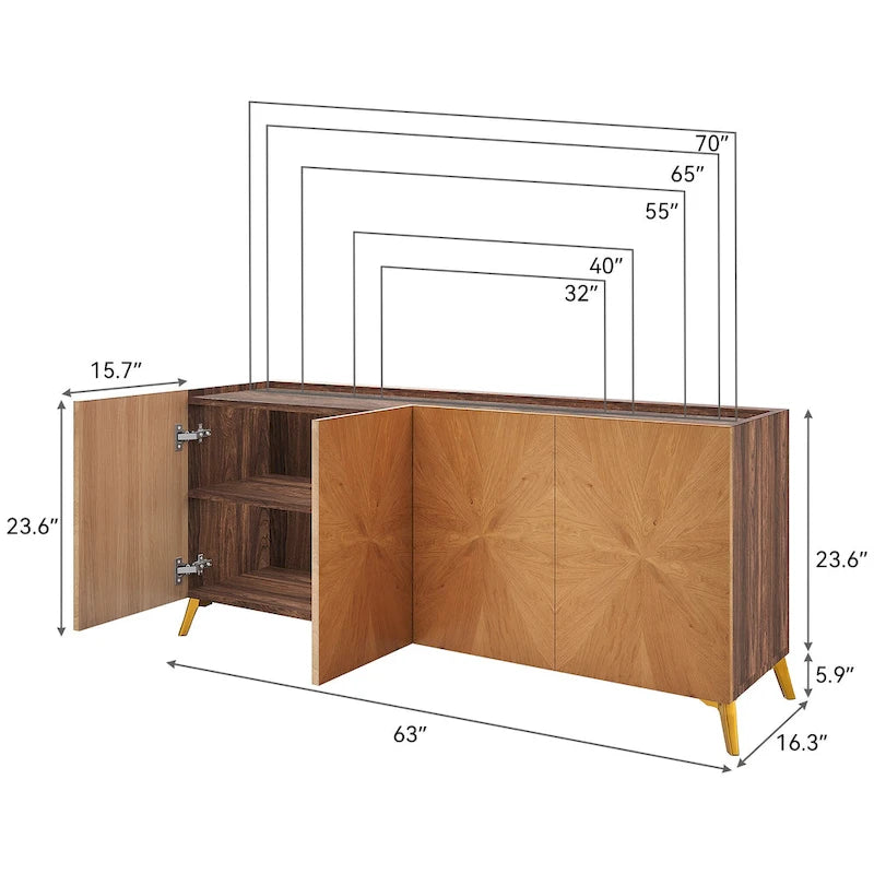 Meuble TV bahut en bois massif 63 pouces