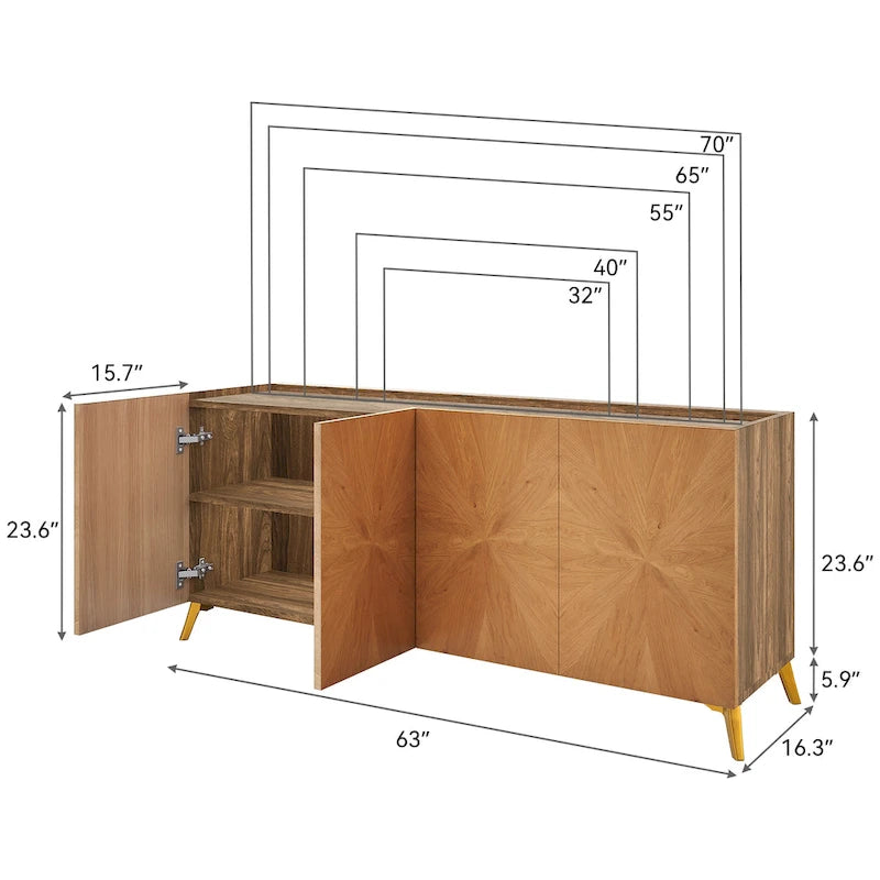 Meuble TV bahut en bois massif 63 pouces