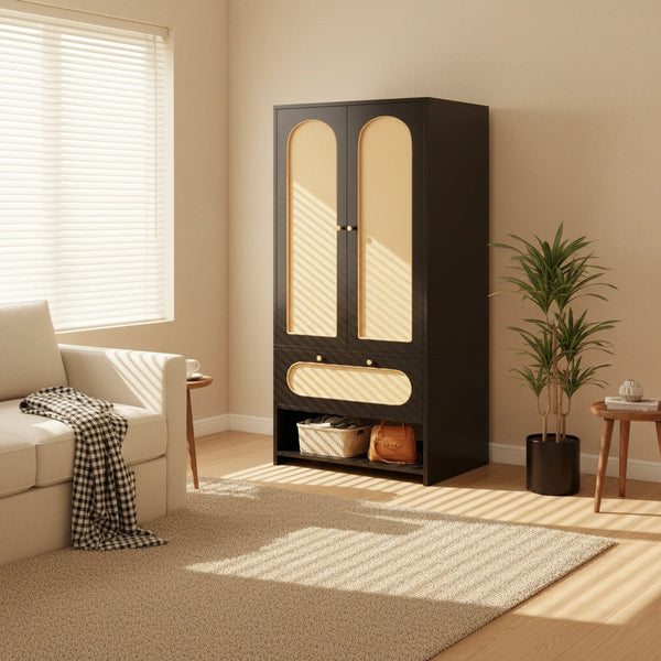 Moasis 70 Rattan Armoire Bedroom Wardrobe with Drawer & Hanging Rod