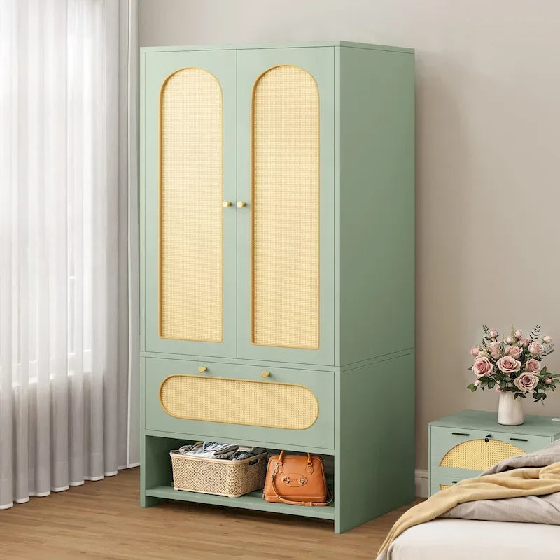 Armoire de chambre en rotin de 70 po avec tiroir et tringle de suspension
