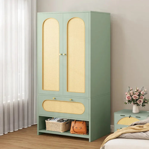 Armoire de chambre en rotin de 70 po avec tiroir et tringle de suspension