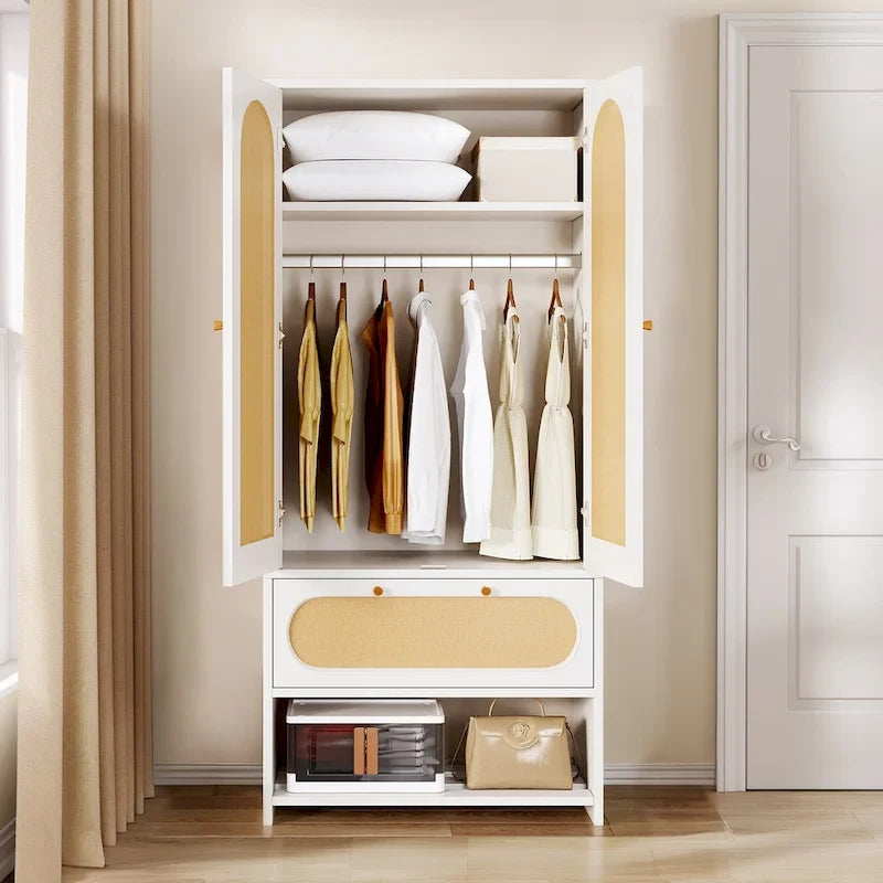 Armoire de chambre en rotin de 70 po avec tiroir et tringle de suspension