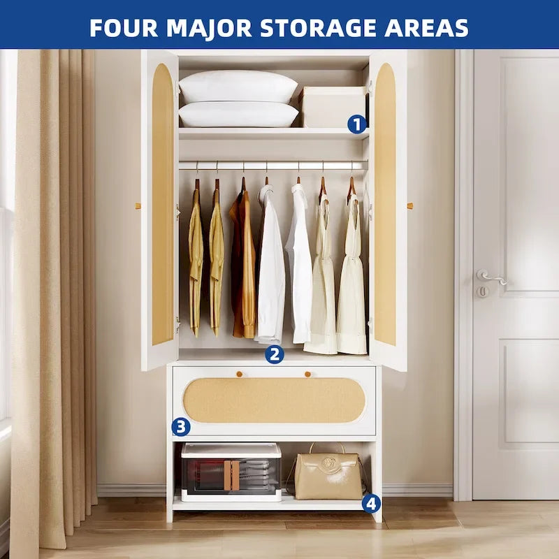 Armoire de chambre en rotin de 70 po avec tiroir et tringle de suspension
