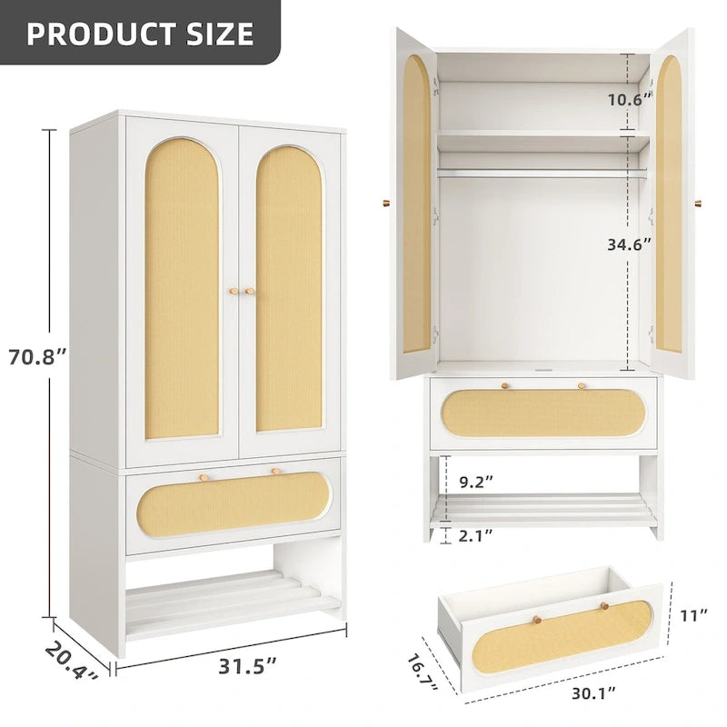 Armoire de chambre en rotin de 70 po avec tiroir et tringle de suspension