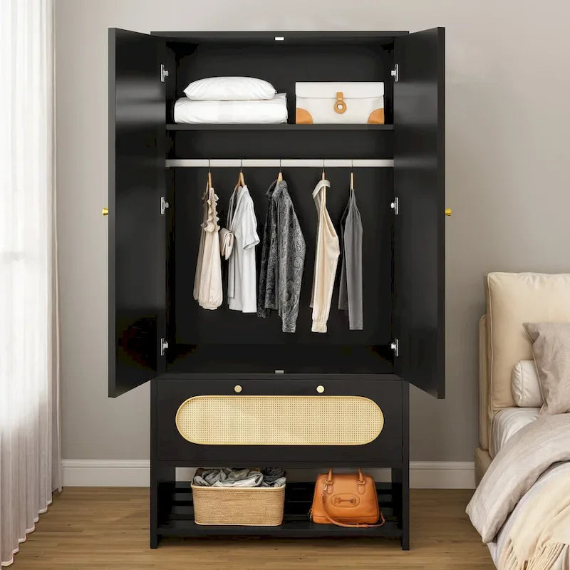 Armoire de chambre en rotin de 70 po avec tiroir et tringle de suspension
