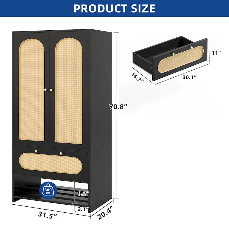 Armoire de chambre en rotin de 70 po avec tiroir et tringle de suspension