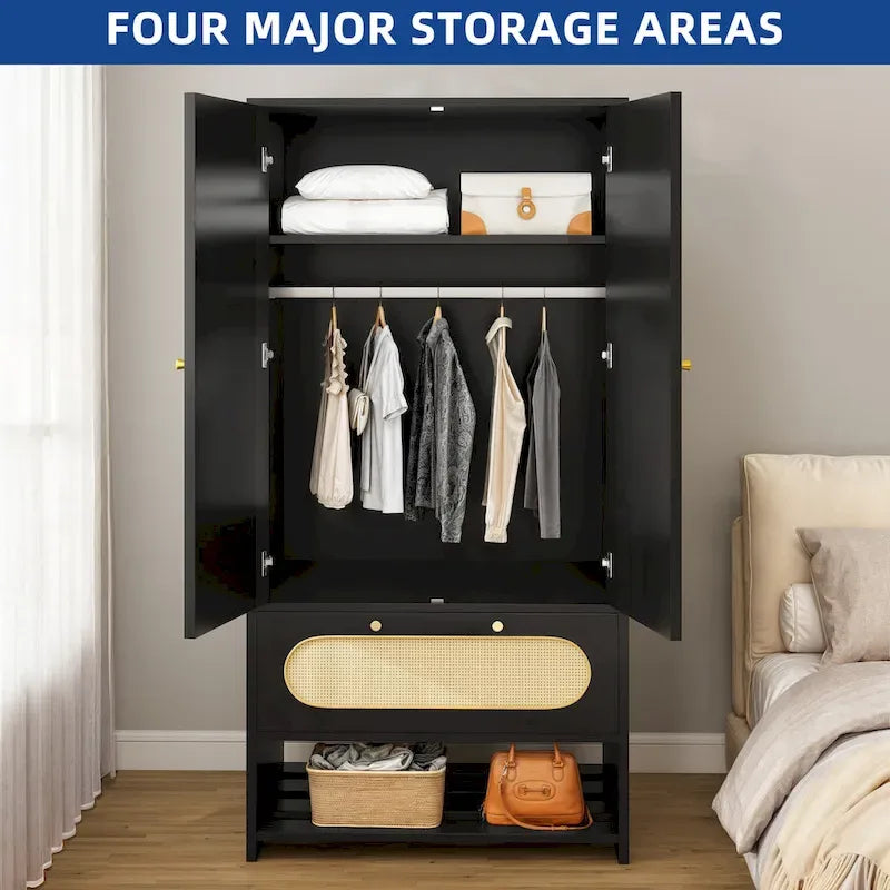 Armoire de chambre en rotin de 70 po avec tiroir et tringle de suspension
