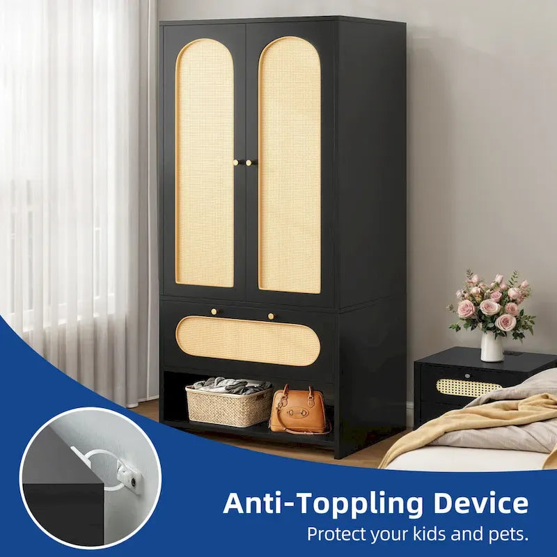 Armoire de chambre en rotin de 70 po avec tiroir et tringle de suspension