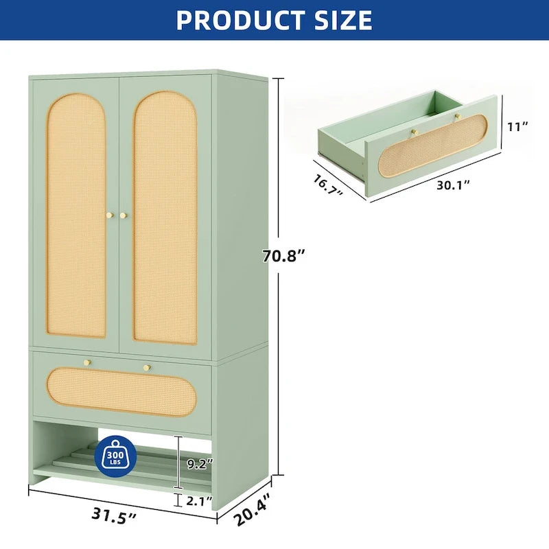 Armoire de chambre en rotin de 70 po avec tiroir et tringle de suspension