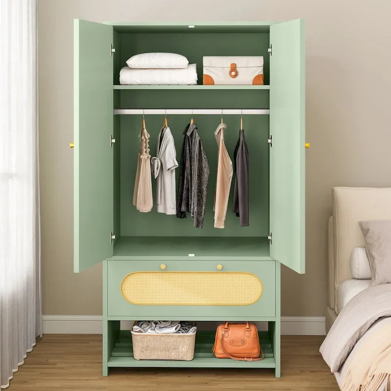 Armoire de chambre en rotin de 70 po avec tiroir et tringle de suspension
