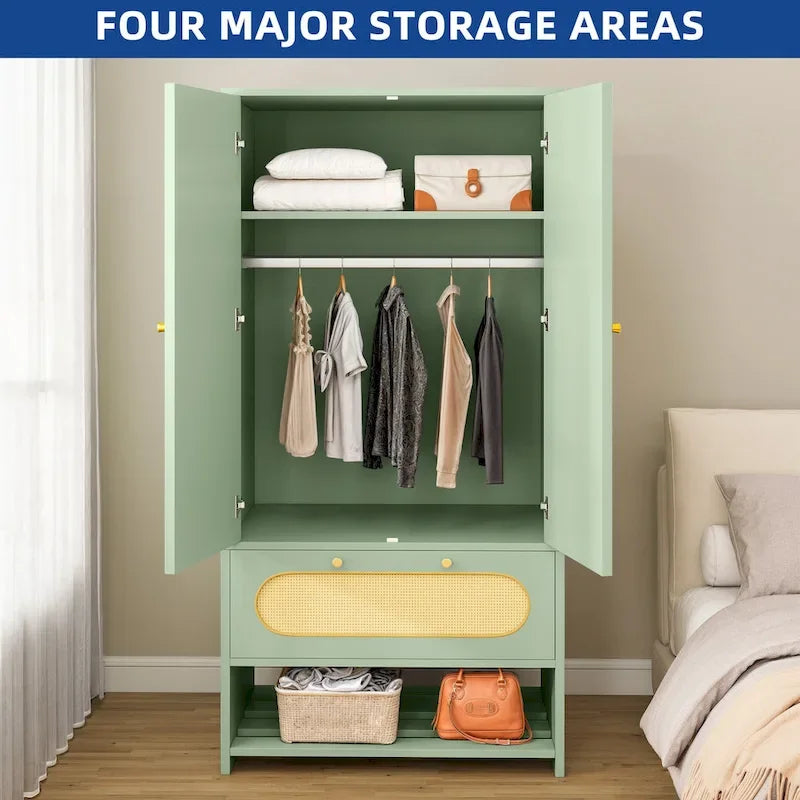 Armoire de chambre en rotin de 70 po avec tiroir et tringle de suspension
