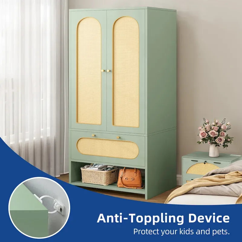 Armoire de chambre en rotin de 70 po avec tiroir et tringle de suspension