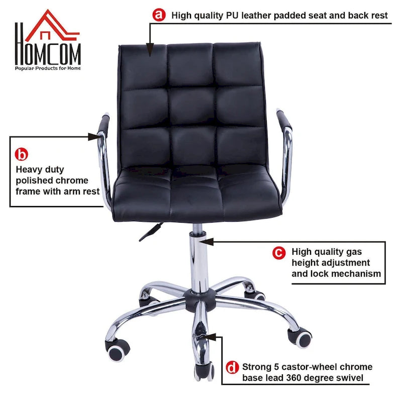 Chaise de bureau moderne avec revêtement en cuir PU, hauteur réglable, roulettes pivotantes à 360°, noir