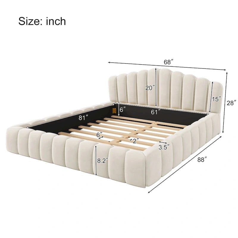 Cadre de lit Queen en velours avec tête de lit en forme de coquille pour chambre à coucher, sommier tapissier non requis, beige