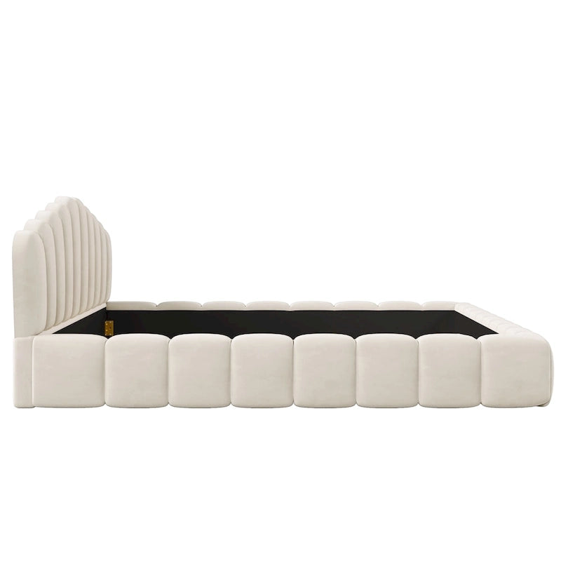Cadre de lit Queen en velours avec tête de lit en forme de coquille pour chambre à coucher, sommier tapissier non requis, beige