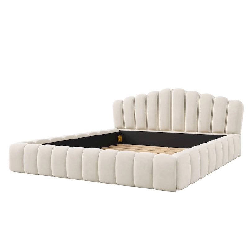 Cadre de lit Queen en velours avec tête de lit en forme de coquille pour chambre à coucher, sommier tapissier non requis, beige