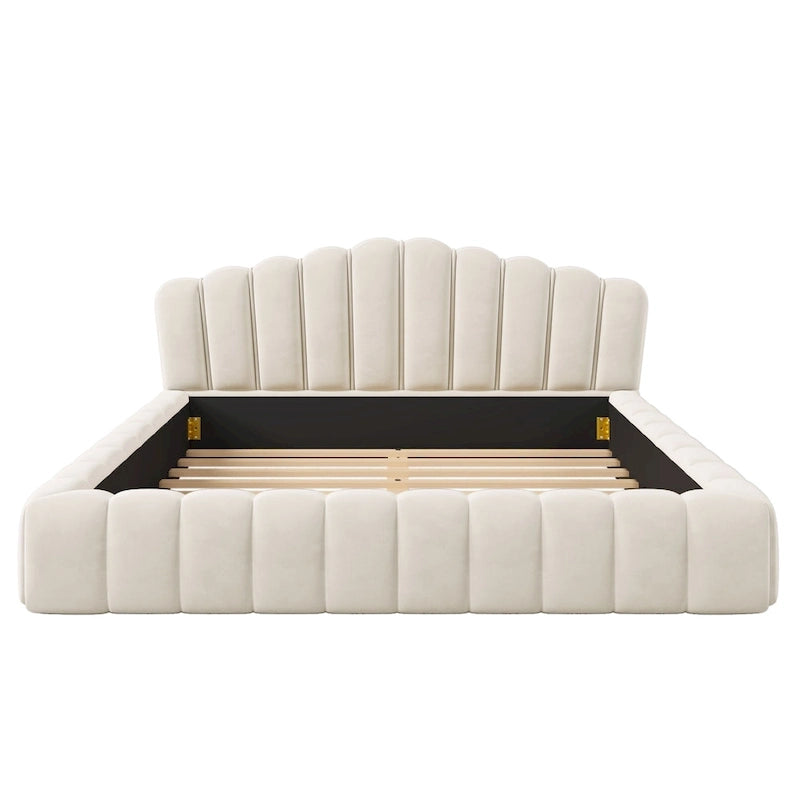 Cadre de lit Queen en velours avec tête de lit en forme de coquille pour chambre à coucher, sommier tapissier non requis, beige