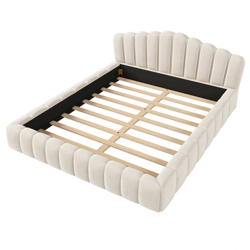 Cadre de lit Queen en velours avec tête de lit en forme de coquille pour chambre à coucher, sommier tapissier non requis, beige