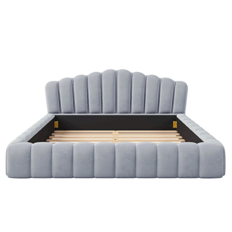Cadre de lit Queen en velours avec tête de lit en forme de coquille pour chambre à coucher, sommier tapissier non requis, beige