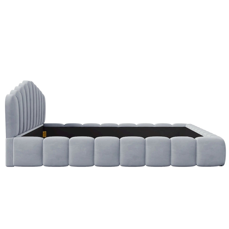 Cadre de lit Queen en velours avec tête de lit en forme de coquille pour chambre à coucher, sommier tapissier non requis, beige