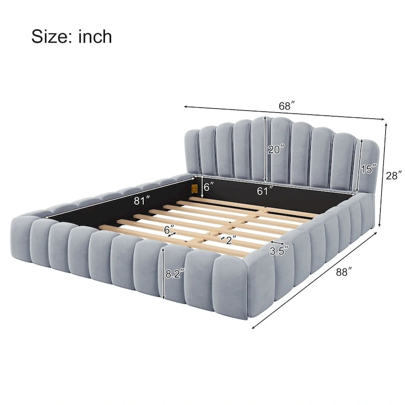 Cadre de lit Queen en velours avec tête de lit en forme de coquille pour chambre à coucher, sommier tapissier non requis, beige